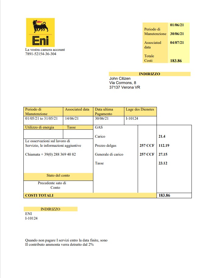 Italy Gas utility bill template in .doc and .pdf format, fully editable